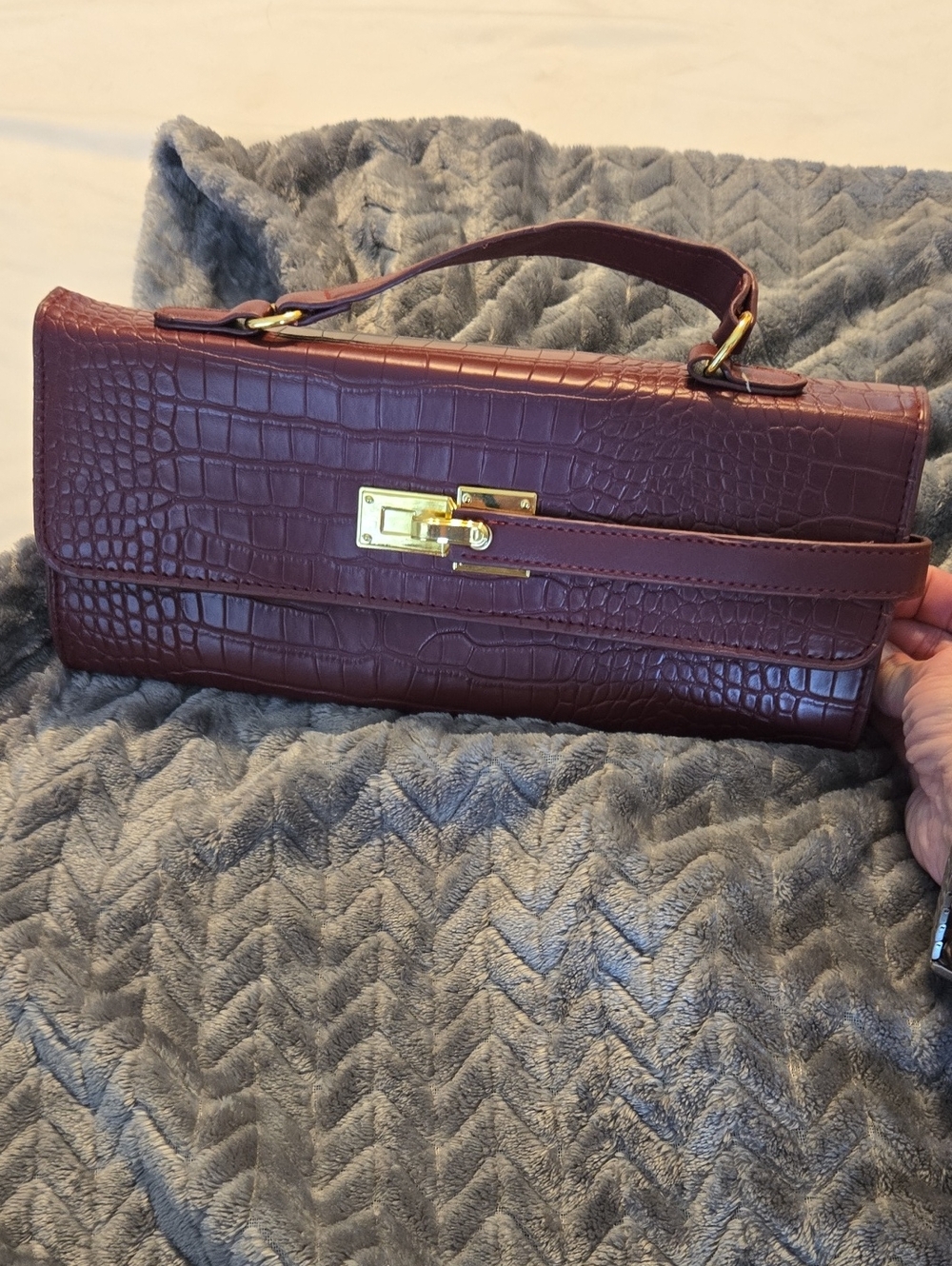 Croc-Embossed Barrel Wristlet Clutch in Deep Burgundy with Gold Hardware